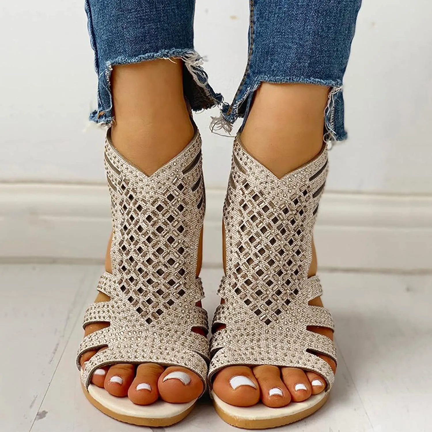 Sandals for Women Dressy Summer, Sandals Women Summer Casual Fashion Beaded Buckle Strap Sandals Beach Flat Flip Flops
