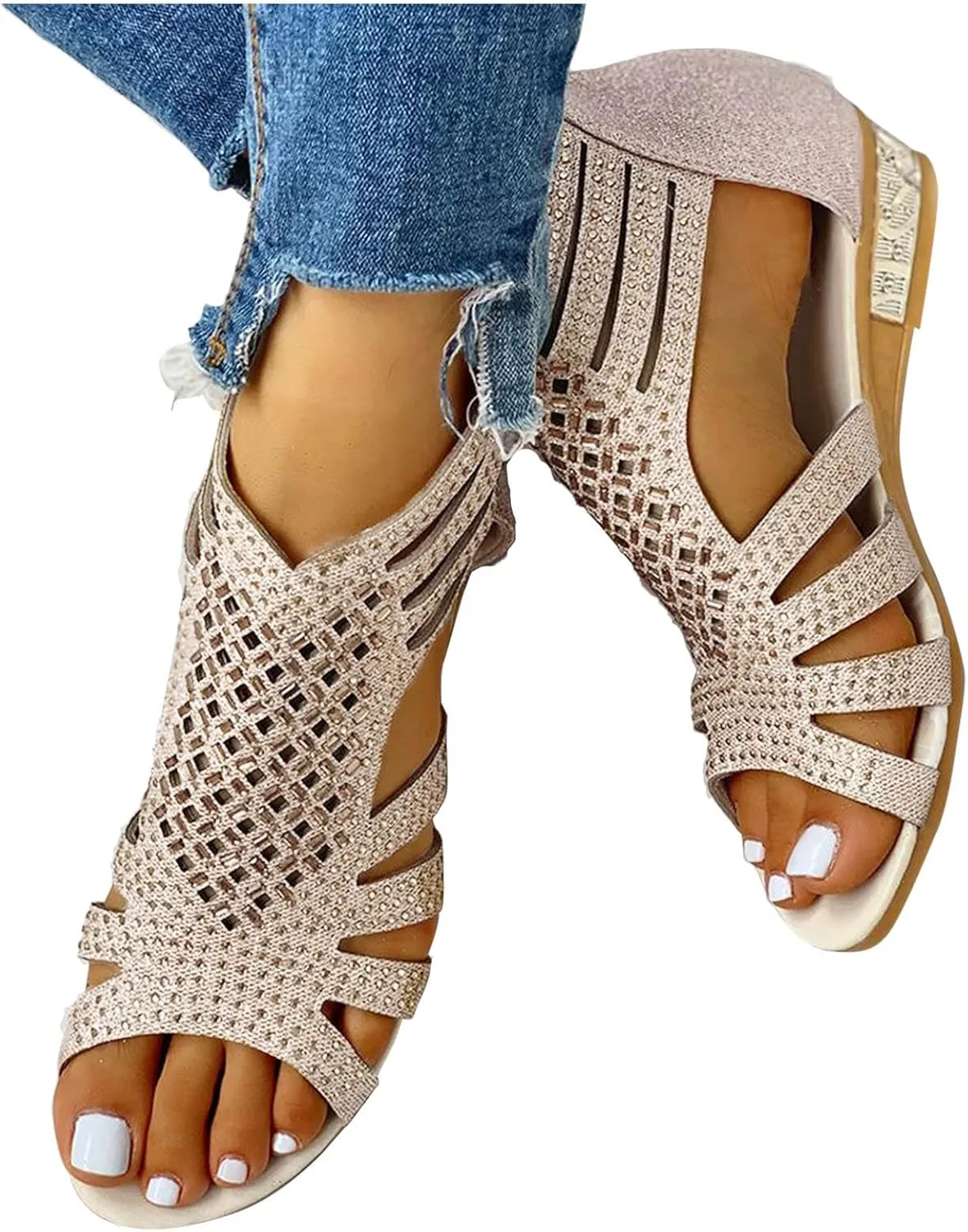 Sandals for Women Dressy Summer, Sandals Women Summer Casual Fashion Beaded Buckle Strap Sandals Beach Flat Flip Flops