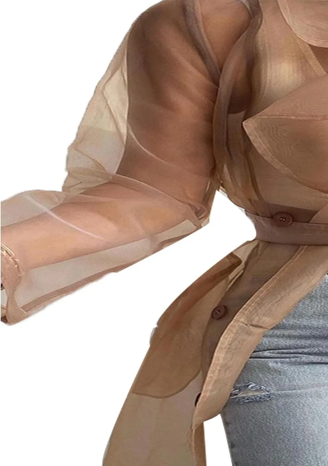 Sexyshine Women's Summer Mesh Sheer See Through Double Breasted Midi Trench Coat Belted Lightweight Cardigan