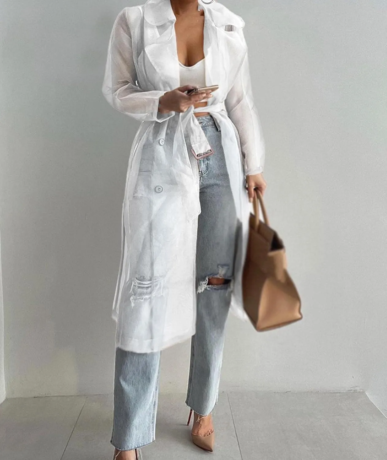 Sexyshine Women's Summer Mesh Sheer See Through Double Breasted Midi Trench Coat Belted Lightweight Cardigan