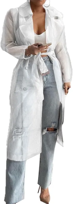 Sexyshine Women's Summer Mesh Sheer See Through Double Breasted Midi Trench Coat Belted Lightweight Cardigan