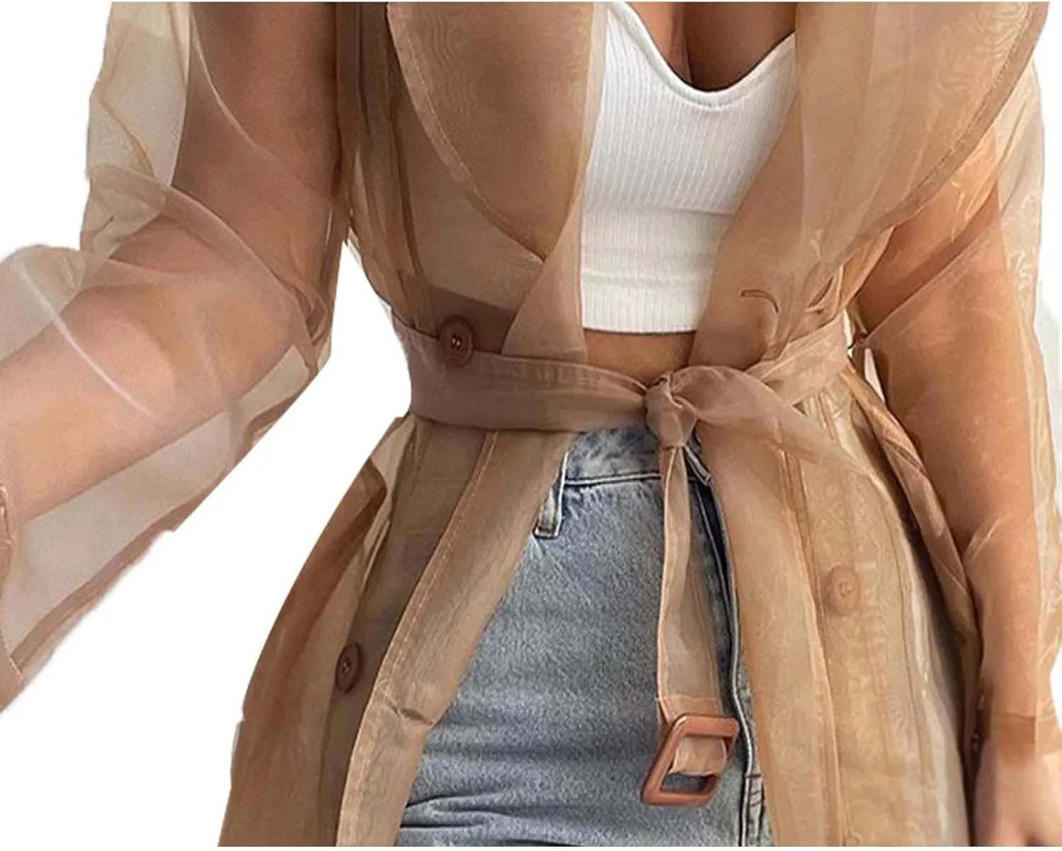 Sexyshine Women's Summer Mesh Sheer See Through Double Breasted Midi Trench Coat Belted Lightweight Cardigan