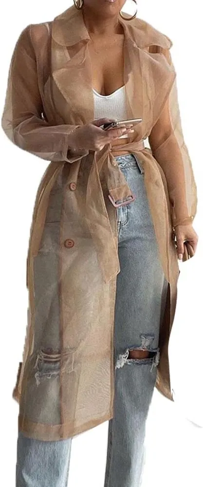 Sexyshine Women's Summer Mesh Sheer See Through Double Breasted Midi Trench Coat Belted Lightweight Cardigan
