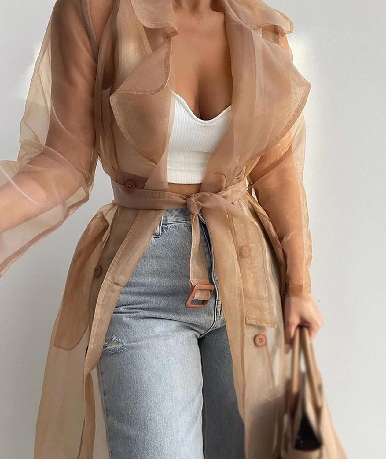 Sexyshine Women's Summer Mesh Sheer See Through Double Breasted Midi Trench Coat Belted Lightweight Cardigan
