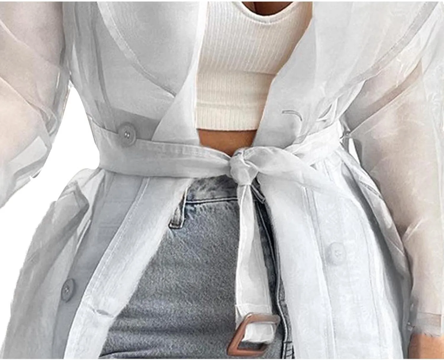 Sexyshine Women's Summer Mesh Sheer See Through Double Breasted Midi Trench Coat Belted Lightweight Cardigan