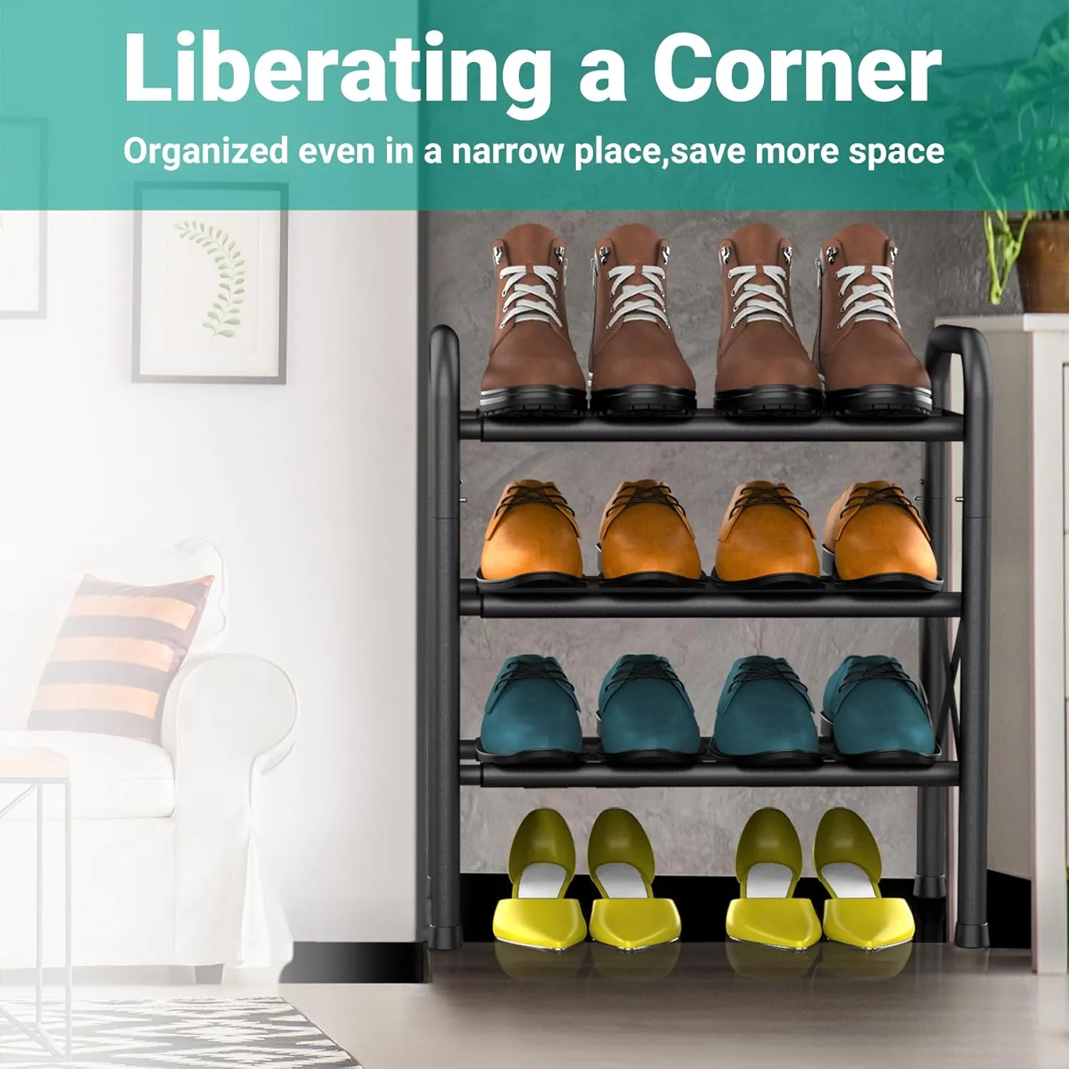 Shoe Rack for Small Closet, Black Shoe Organizer, Metal Adjustable Shoe Stand for Entryway Closet Doonway