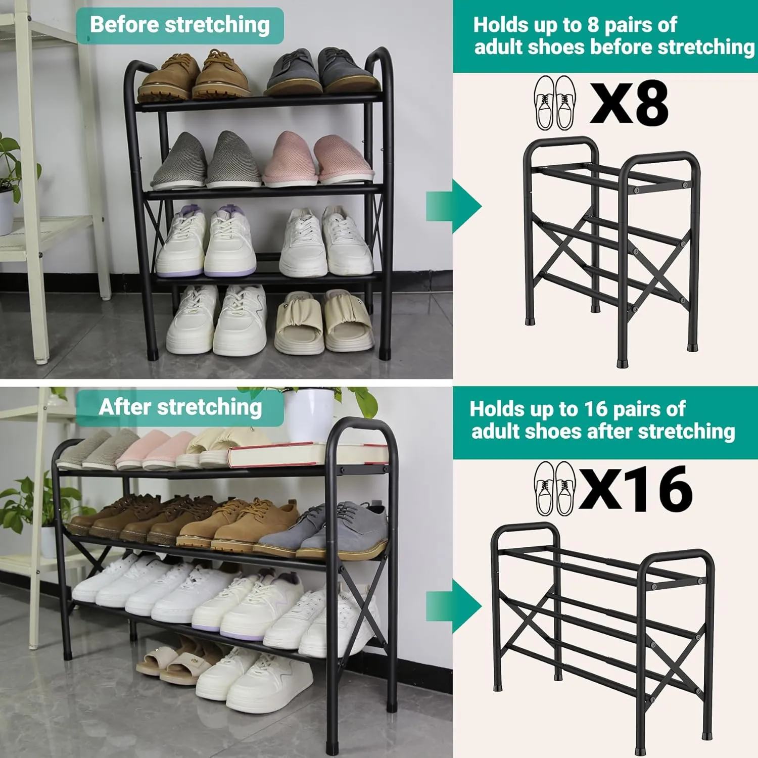 Shoe Rack for Small Closet, Black Shoe Organizer, Metal Adjustable Shoe Stand for Entryway Closet Doonway