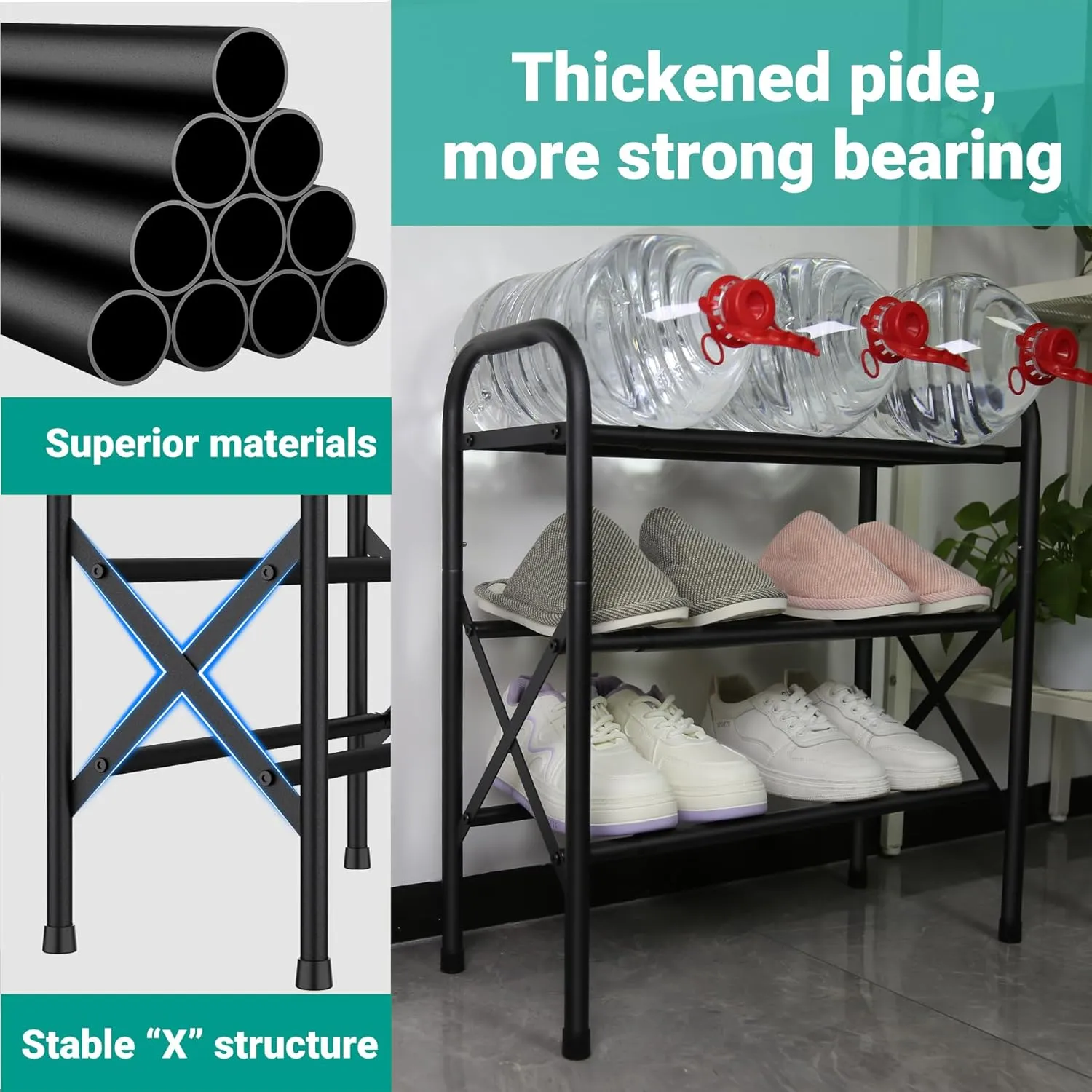 Shoe Rack for Small Closet, Black Shoe Organizer, Metal Adjustable Shoe Stand for Entryway Closet Doonway