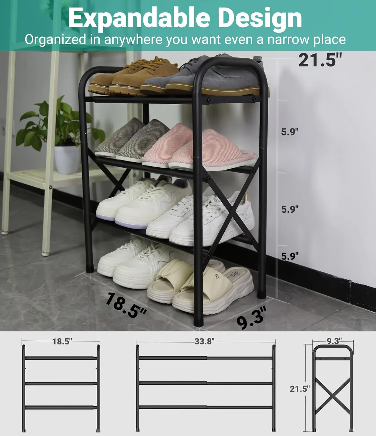 Shoe Rack for Small Closet, Black Shoe Organizer, Metal Adjustable Shoe Stand for Entryway Closet Doonway