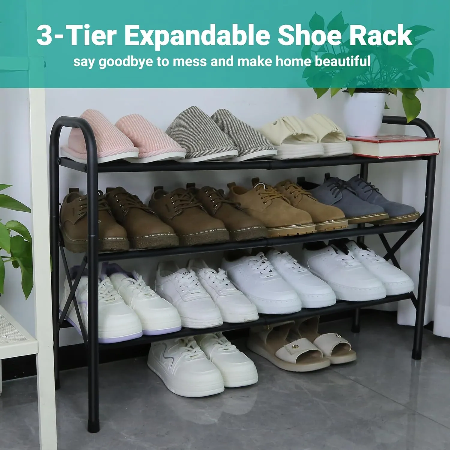 Shoe Rack for Small Closet, Black Shoe Organizer, Metal Adjustable Shoe Stand for Entryway Closet Doonway
