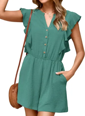 Simplee Apparel Womens Summer Romper - Flutter Sleeve Cruise Outfits Button Casual Wide Leg Jumpsuit Dressy with Pockets