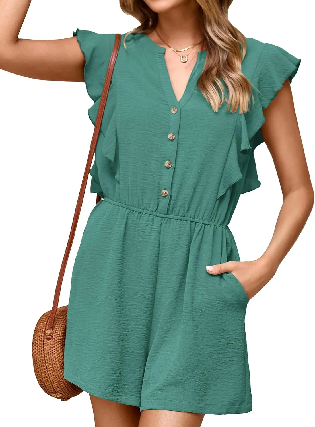 Simplee Apparel Womens Summer Romper - Flutter Sleeve Cruise Outfits Button Casual Wide Leg Jumpsuit Dressy with Pockets
