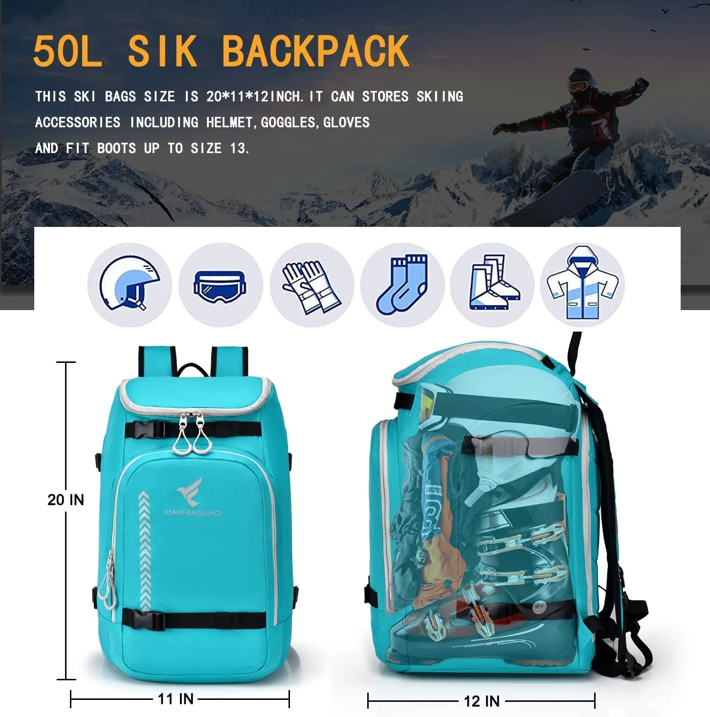 Ski Boot Bag,50L Waterproof Ski Boot Travel Backpack for Snowboard Boots, Skiing Helmet, Goggles, Gloves, Skis, Snowboard & Accessories for Men,Women and Youth