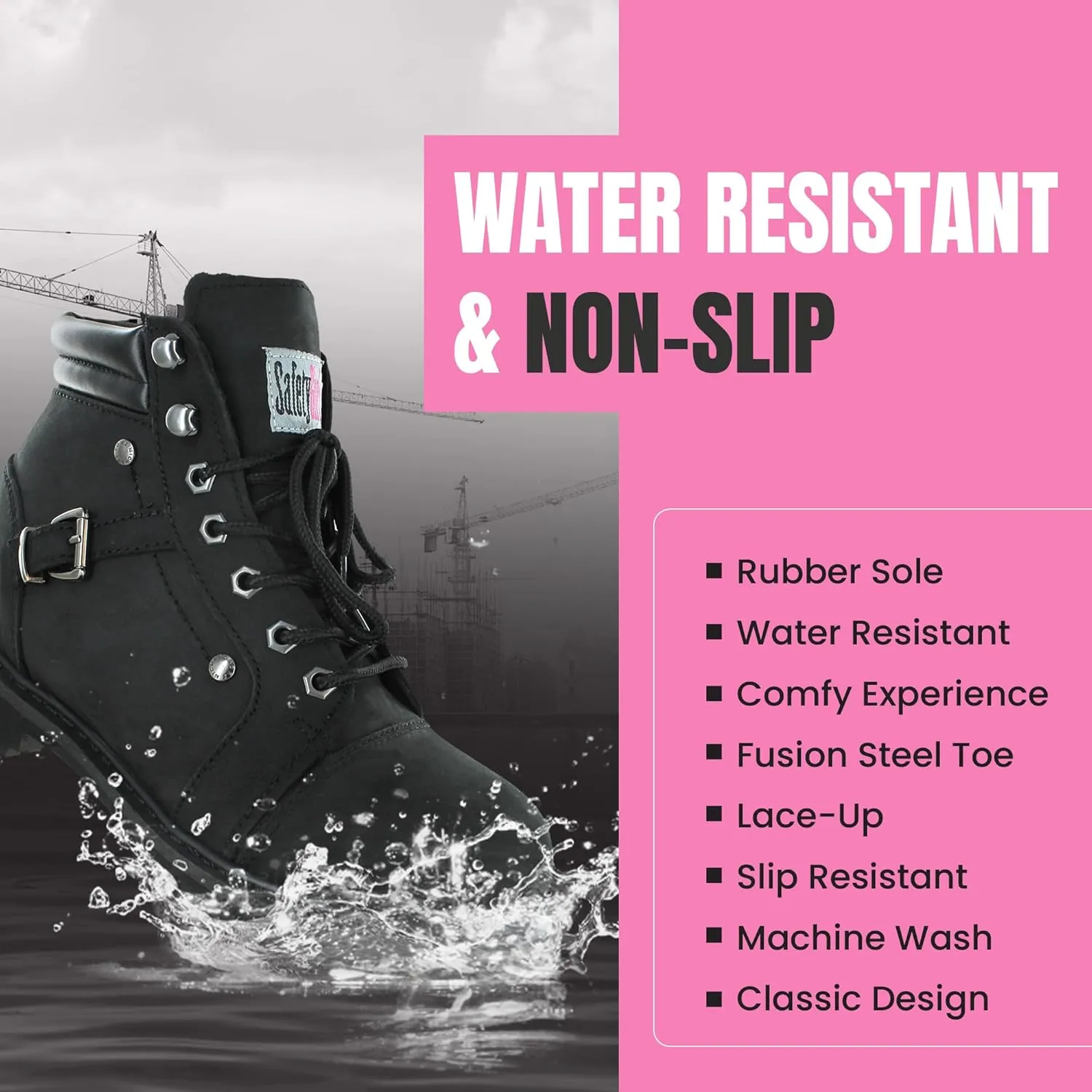 Steel Toe Boots for Women - Black - 9M| Waterproof Women's Fusion Work Boots | Leather Work Boots | Rugged Goodyear Welt Construction | Oil Resistant Outsoles & Cushioned Insoles