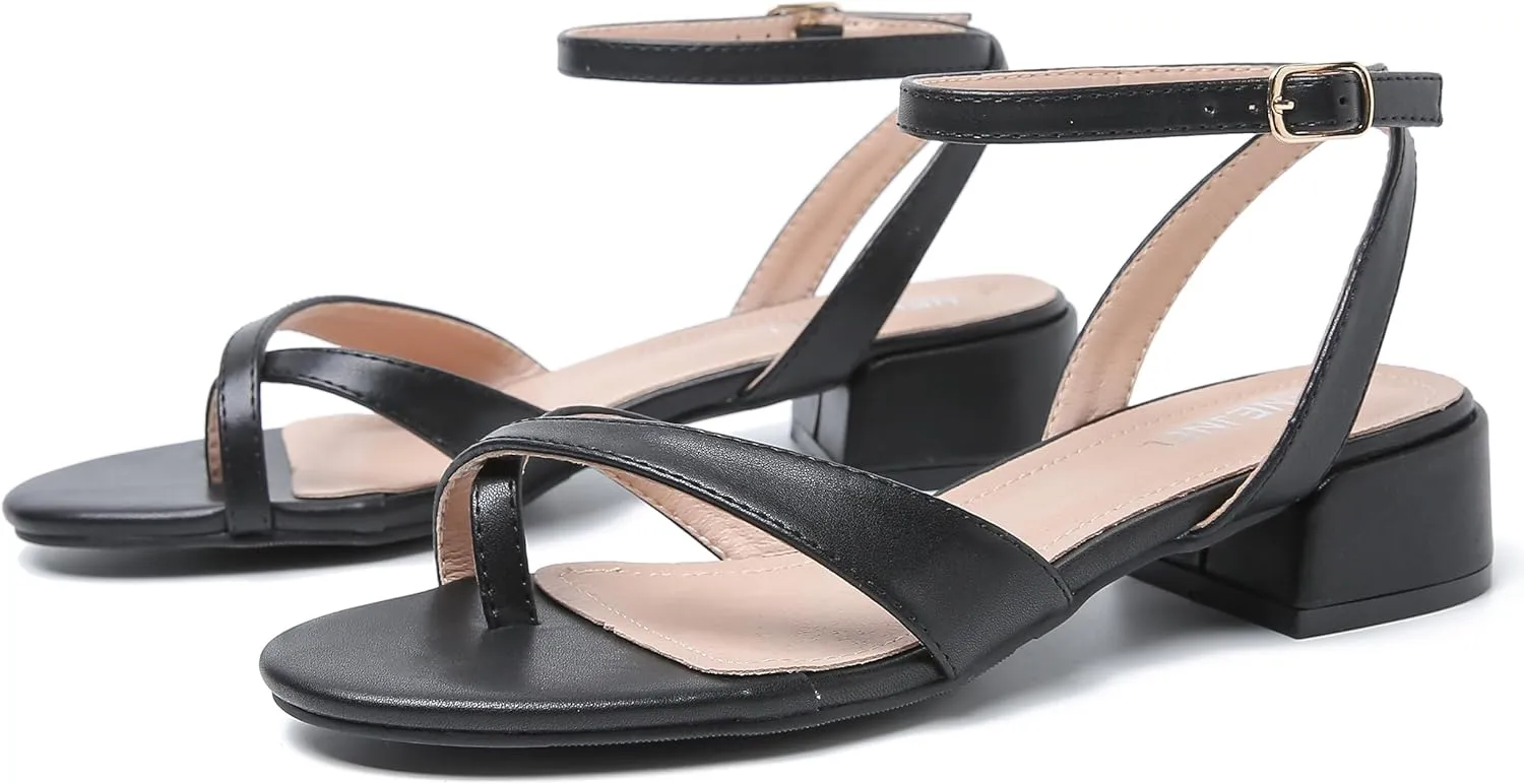 Strappy Sandals Women Dressy Summer Flat Low Block Heeled Thong Sandal Open Split Toe Shoes for Wedding Evening Party
