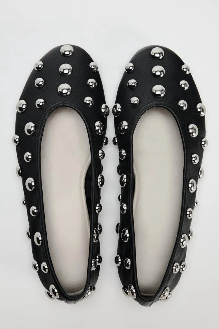 Studded Ballet Flats for Women Round Toe Non Slip Low Heeled Flats Silp on Casual Walk Pump Comfortable Black Ballerina Flats Dress Wedding Shoes