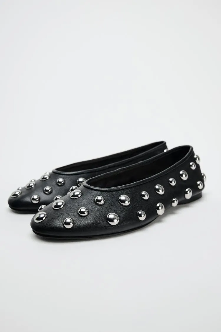Studded Ballet Flats for Women Round Toe Non Slip Low Heeled Flats Silp on Casual Walk Pump Comfortable Black Ballerina Flats Dress Wedding Shoes