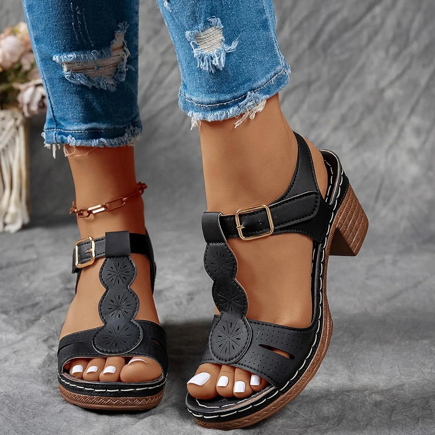 SuanlaTDS Women's Platform Heels Sandals 2025 Comfortable T-strap Open Toe High Chunky Block Heel Heeled Dressy Summer Buckle Ankle Strap Casual Outdoor Walking Shoes Daily Wear Heeled Sandal