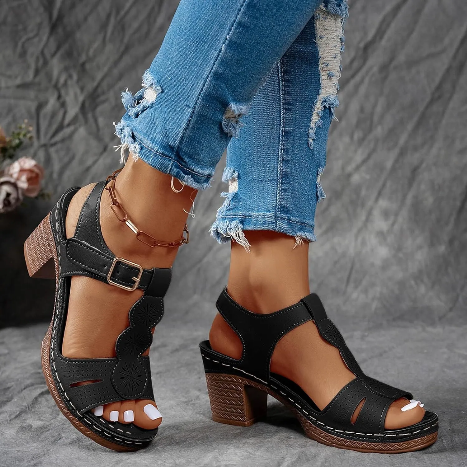 SuanlaTDS Women's Platform Heels Sandals 2025 Comfortable T-strap Open Toe High Chunky Block Heel Heeled Dressy Summer Buckle Ankle Strap Casual Outdoor Walking Shoes Daily Wear Heeled Sandal