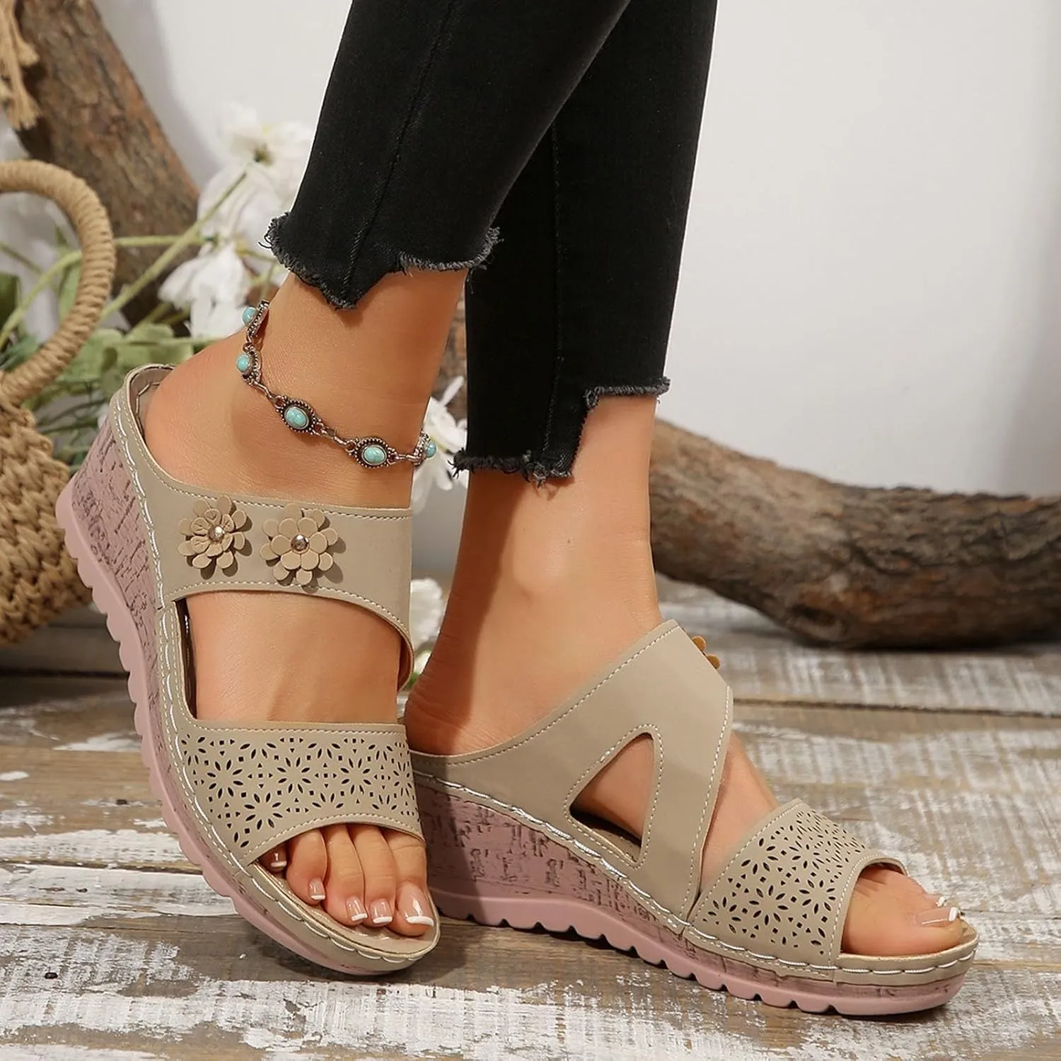 SuanlaTDS Womens Sandals Comfortable Platform Wedges Slip On Orthopedic Sandals with Arch Support Casual Summer Open Toe High Heels Slide Sandals Slippers Wedge Outdoor Walking Shoes