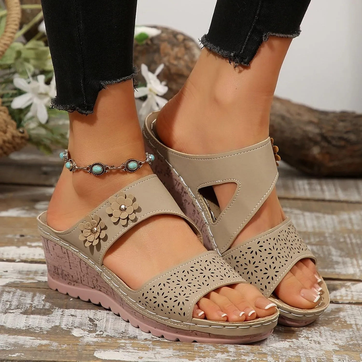 SuanlaTDS Womens Sandals Comfortable Platform Wedges Slip On Orthopedic Sandals with Arch Support Casual Summer Open Toe High Heels Slide Sandals Slippers Wedge Outdoor Walking Shoes