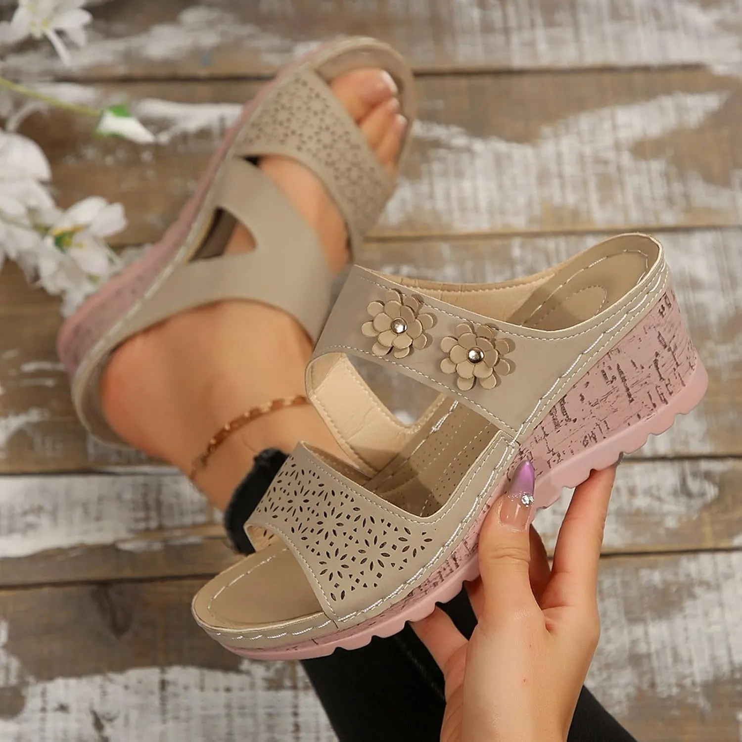 SuanlaTDS Womens Sandals Comfortable Platform Wedges Slip On Orthopedic Sandals with Arch Support Casual Summer Open Toe High Heels Slide Sandals Slippers Wedge Outdoor Walking Shoes
