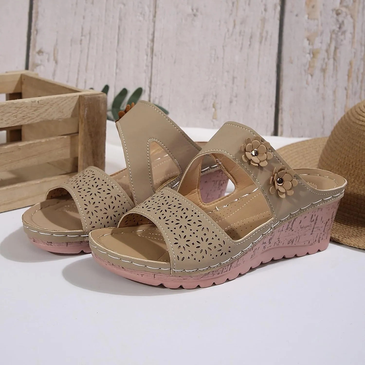 SuanlaTDS Womens Sandals Comfortable Platform Wedges Slip On Orthopedic Sandals with Arch Support Casual Summer Open Toe High Heels Slide Sandals Slippers Wedge Outdoor Walking Shoes