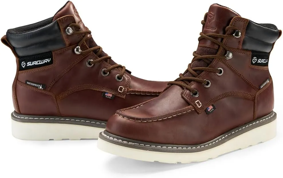 SUREWAY Men's 6" Heavy Duty Soft Toe Waterproof Work Boots,EH Construction Industrial Safety Leather Work Boots,Lace Up Moc Toe Work Boot,Goodyear Welt Oil/Slip Resistant Comfortable Outsole