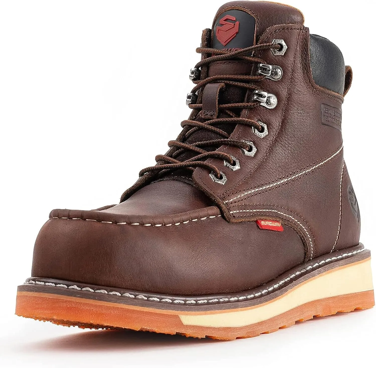 SUREWAY Mens Heavy Duty Soft/Composite/Steel Toe Work Boots for Men-Comfortable,Goodyear Welt,Full Grain Leather,6 in Wedge Moc Toe Construction Boots/Shoes,Waterproof Soft Toe Dark Brown,Size 10.5