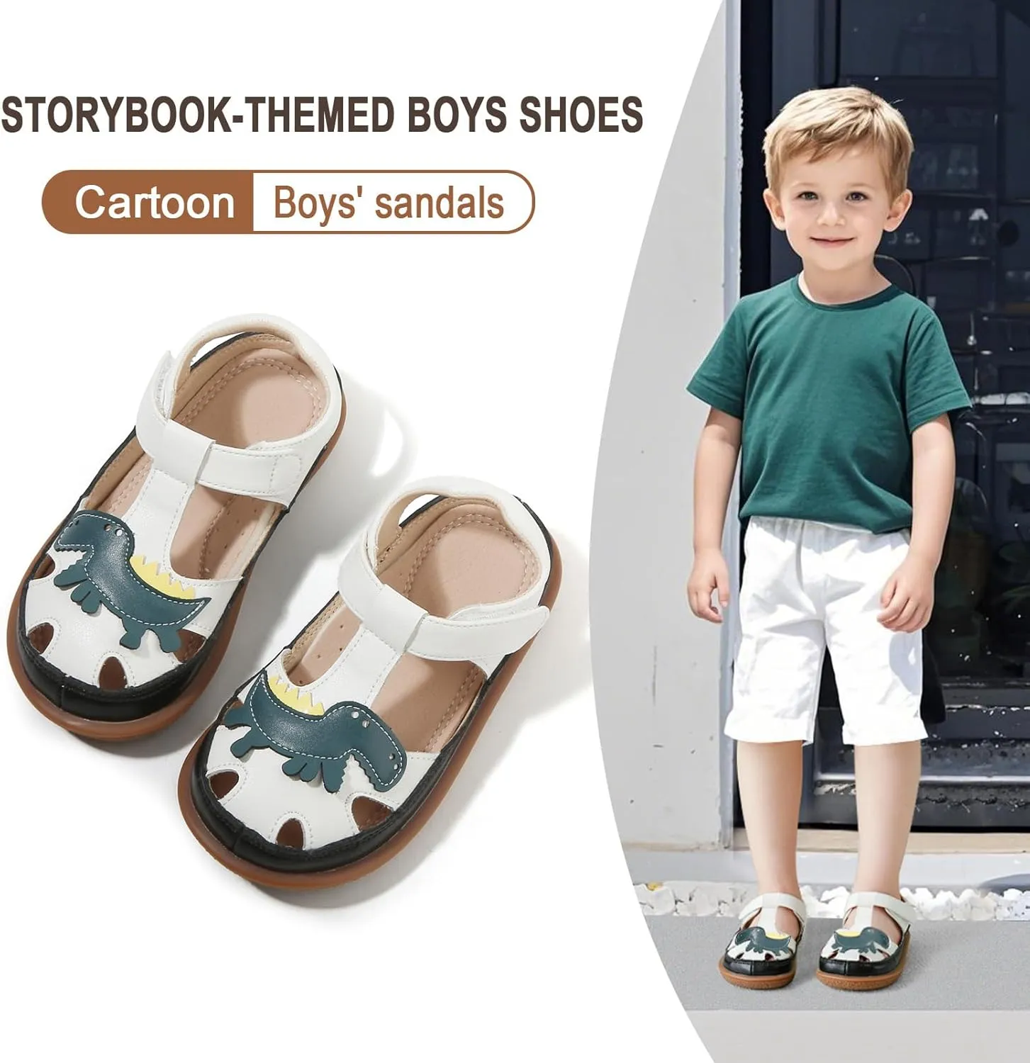 ‌Toddler Boys Closed Toe Sandals, Breathable Leather Kids Sandals with Car & Traffic Light Pattern, Soft Non-Slip Outsole for Summer Outdoor Activities Ages 2-7