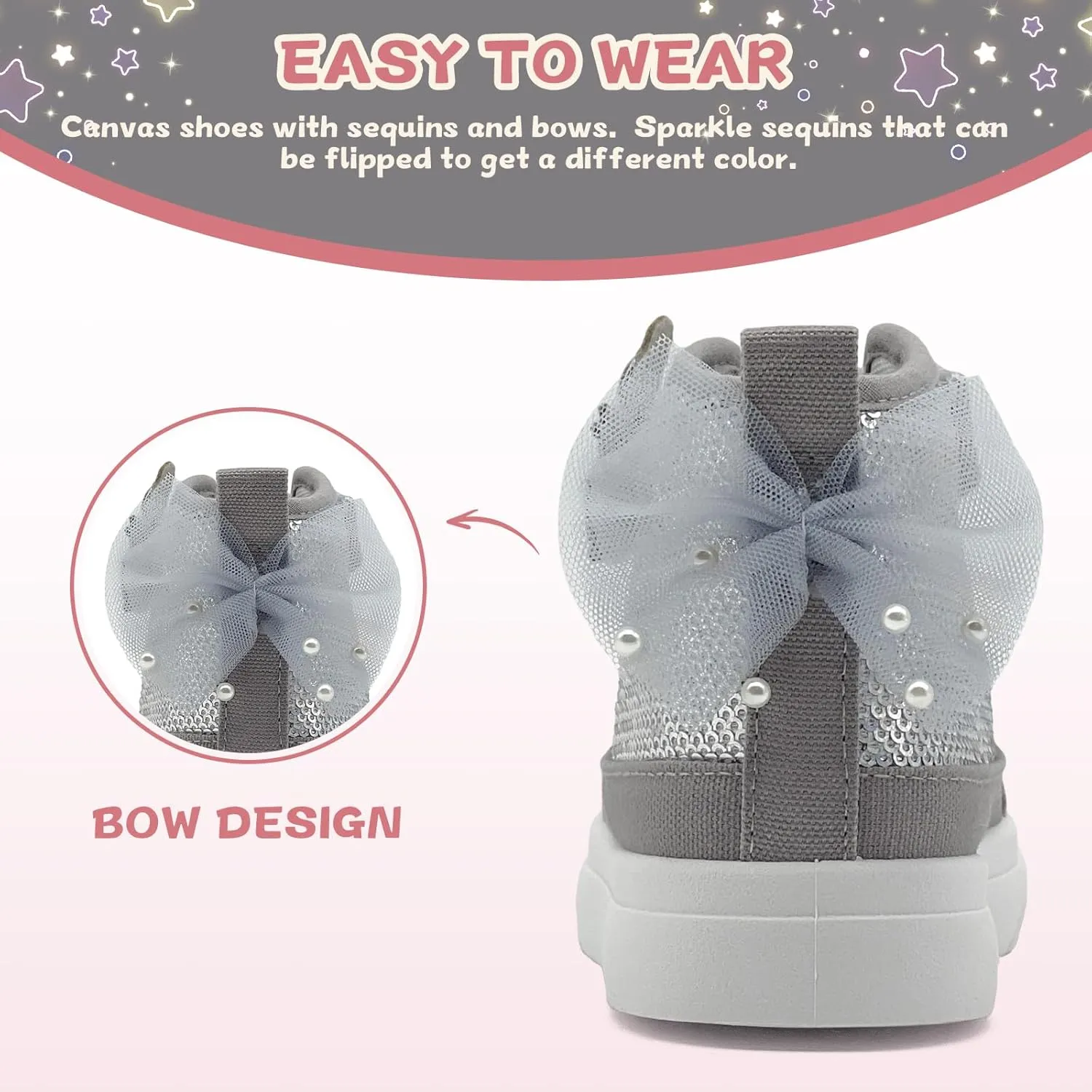 Toddler Sneakers for Girls Boys Canvas High Top Kids Fashion Sparkle Sequins Bow Shoes Running Walking Casual Shoes