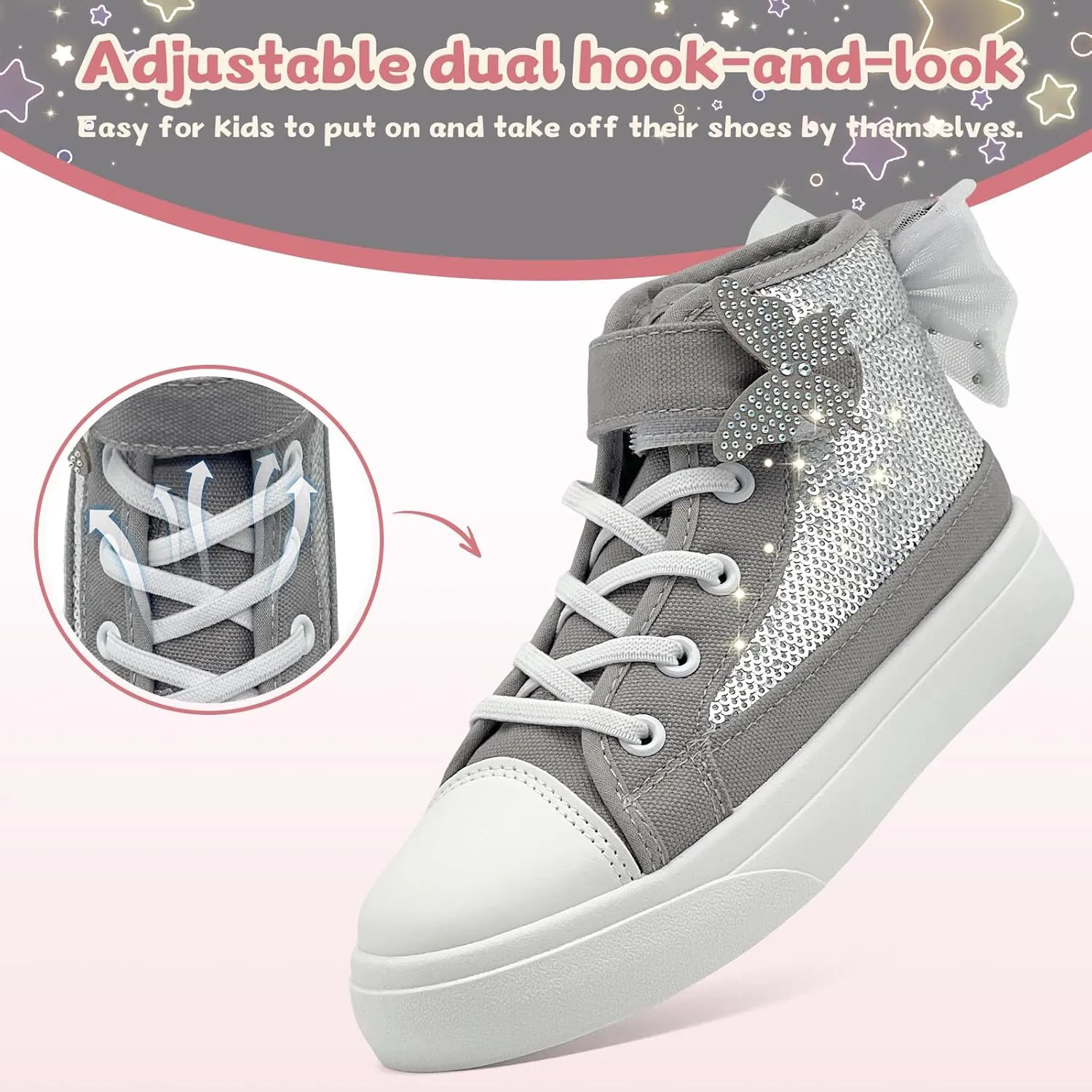 Toddler Sneakers for Girls Boys Canvas High Top Kids Fashion Sparkle Sequins Bow Shoes Running Walking Casual Shoes