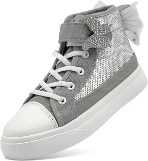 Toddler Sneakers for Girls Boys Canvas High Top Kids Fashion Sparkle Sequins Bow Shoes Running Walking Casual Shoes