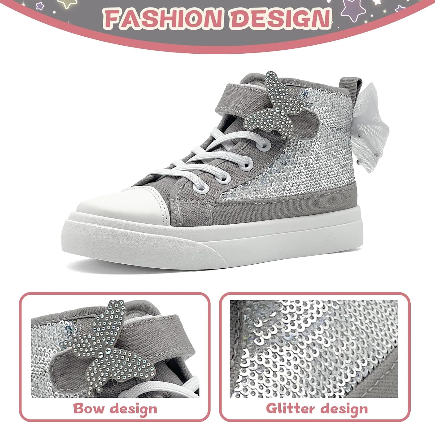 Toddler Sneakers for Girls Boys Canvas High Top Kids Fashion Sparkle Sequins Bow Shoes Running Walking Casual Shoes