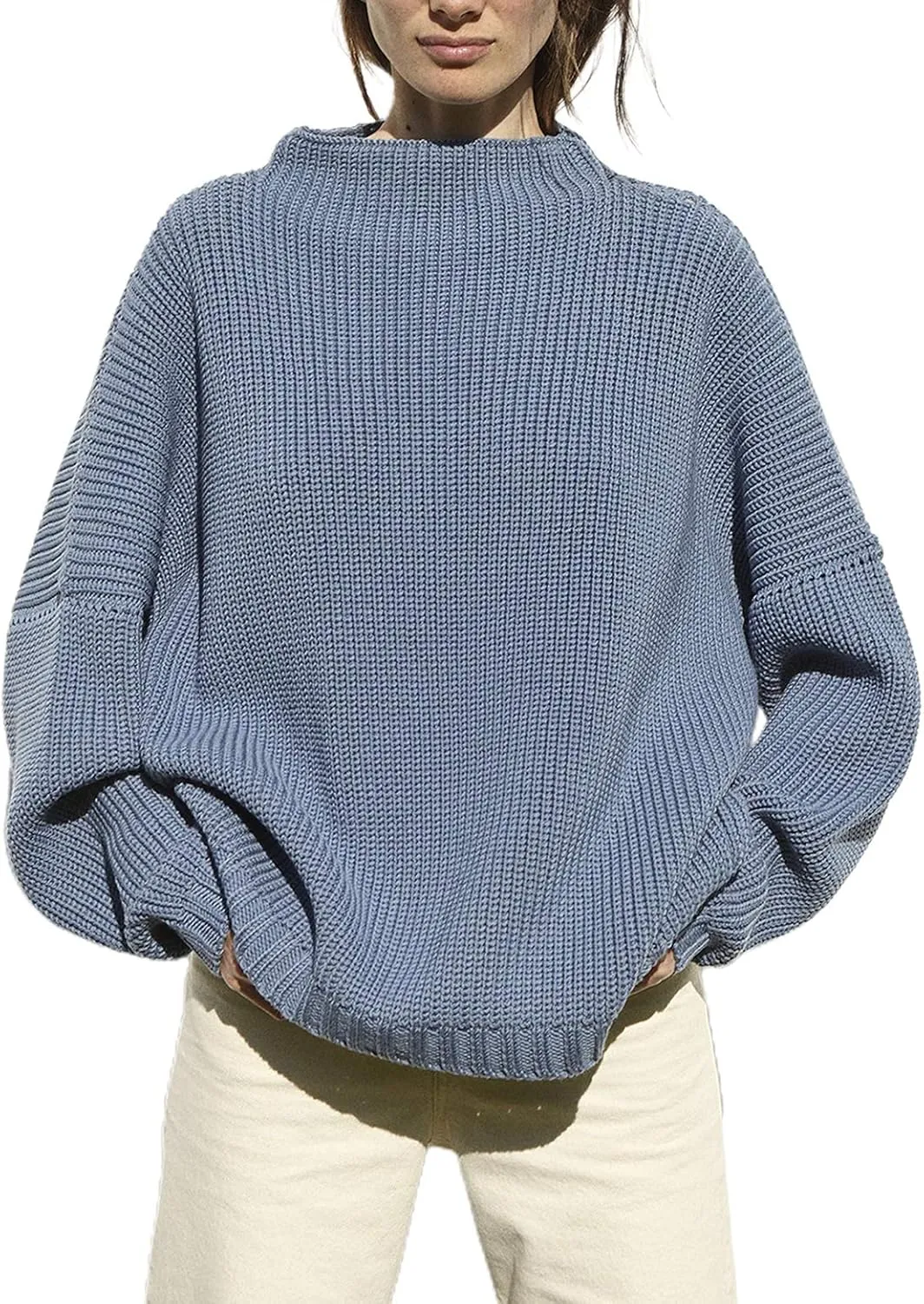 Ugerlov Women's Oversized Sweaters Batwing Sleeve Mock Neck Jumper Tops Chunky Knit Pullover Sweater