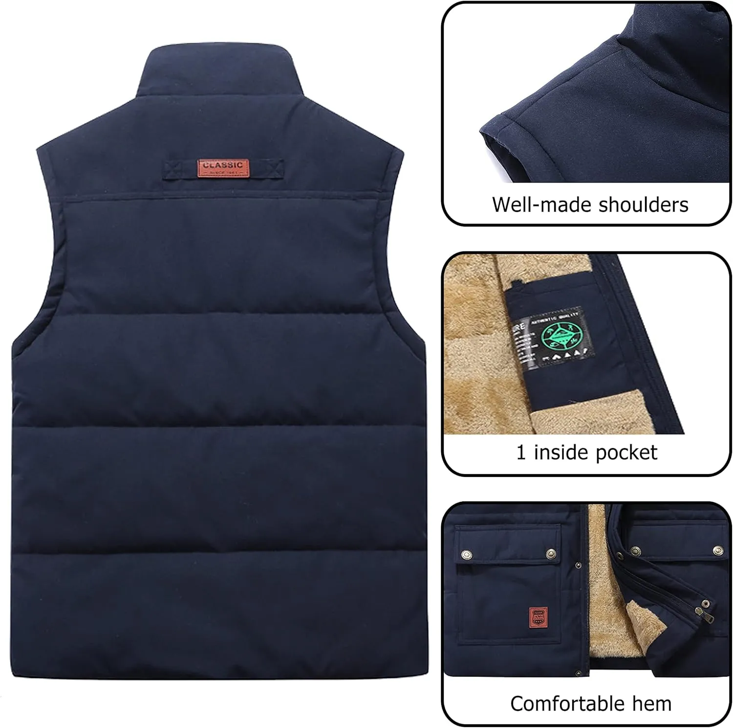 Vcansion Men's Outdoor Stand Collar Fleece Jacket Vest Casual Padded Vest Coats