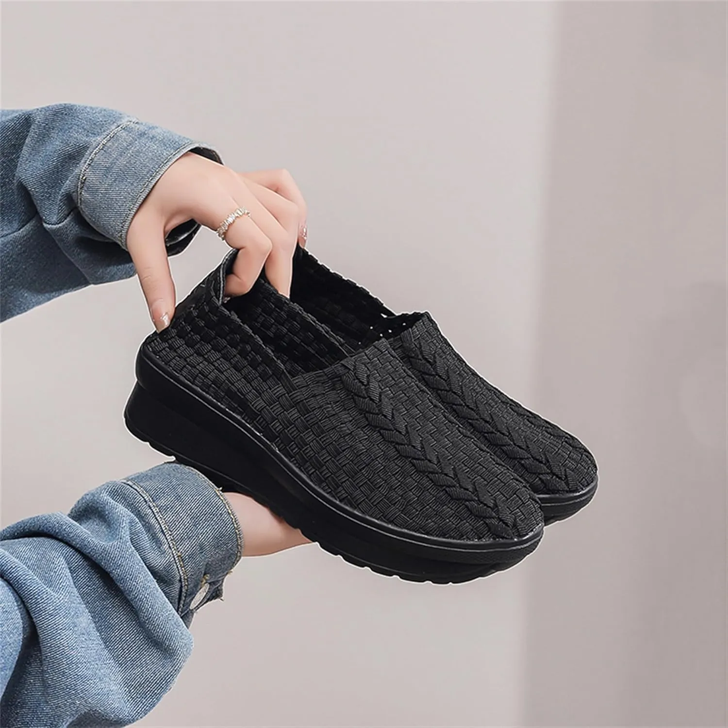 Veroders Women's Platform Wedge Closed-Toe Sandals Comfortable Walking Shoes Woven Pumps Mary Jane Shoes for School Beach