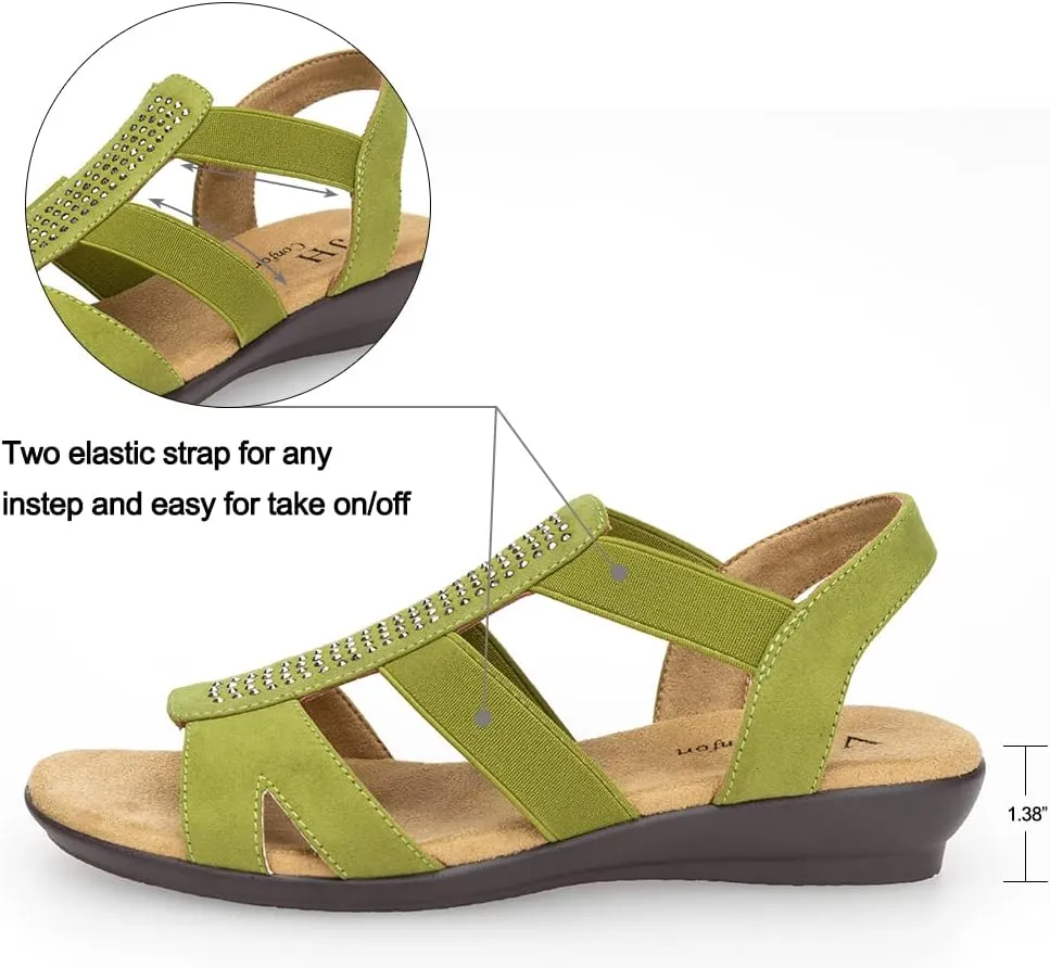 VJH confort Women's Comfort Flat Sandals Summer,with Rhinestone Open Toe Elastic Slip On Slingback Casual Walking Low Heele Sandals
