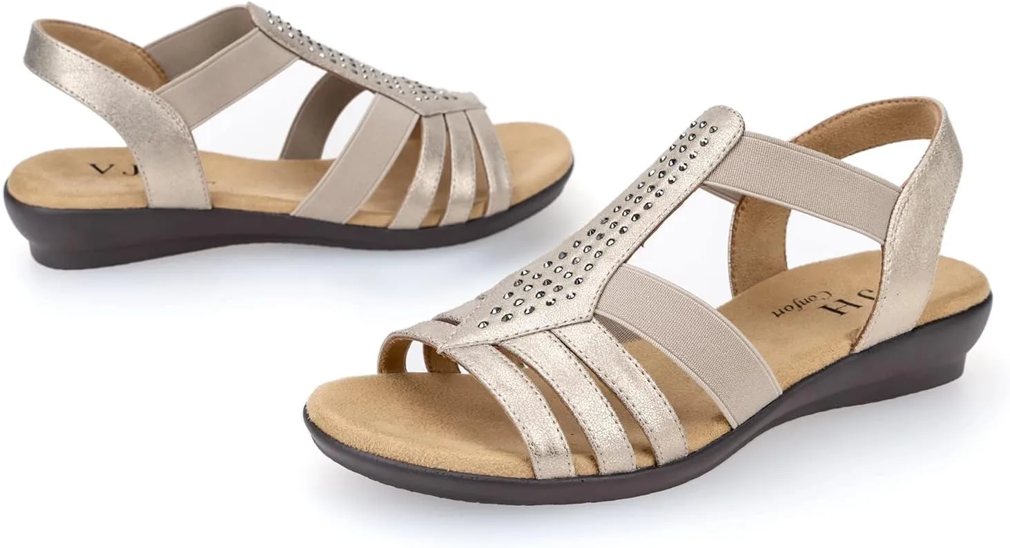 VJH confort Women's Flat Sandals, Comfort Elastic Slip-on Light Weight Slingback Casual Walking Sandals with Rhinestone