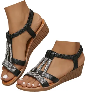 Wedge Sandals for Women,Comfortable Open Toe Sandal T-Strap Rhinestone Beaded Bohemia Beach Shoes Slip On Dressy Flat Sandals with Arch Support
