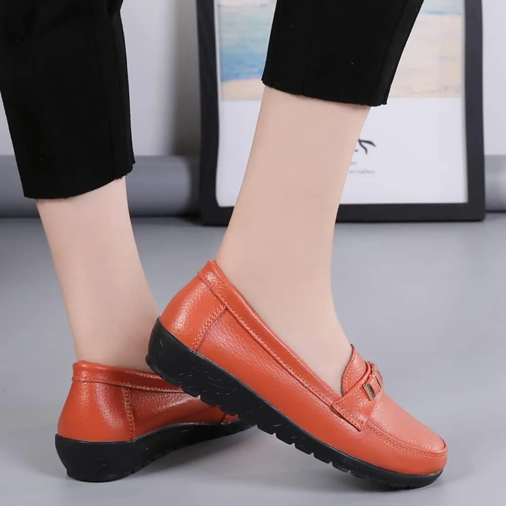 WERWAES Classic Leather Loafers for Womens Casual Lightweight Non-slip Moccasins Flats Office Driving Walking Slip on Ladies Loafers Shoes