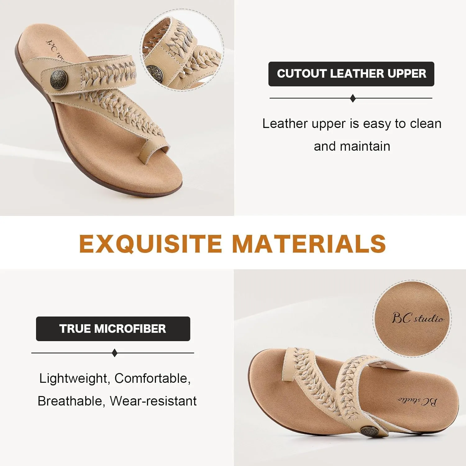 Women Comfort Adjustable Leather Flip Flop Sandals with Arch Support