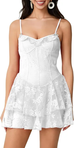 Women Y2K Spaghetti Strap Lace Bustier Mini Dress Sexy Sleeveless Ruched Split Bodycon Party Night Out Dress