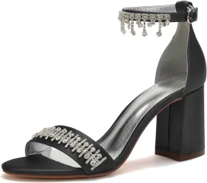 Women's Beaded Crystal Wedding Sandals for Bride Block Heels Satin Bridal Shoes Formal Evening Prom Party Shoes