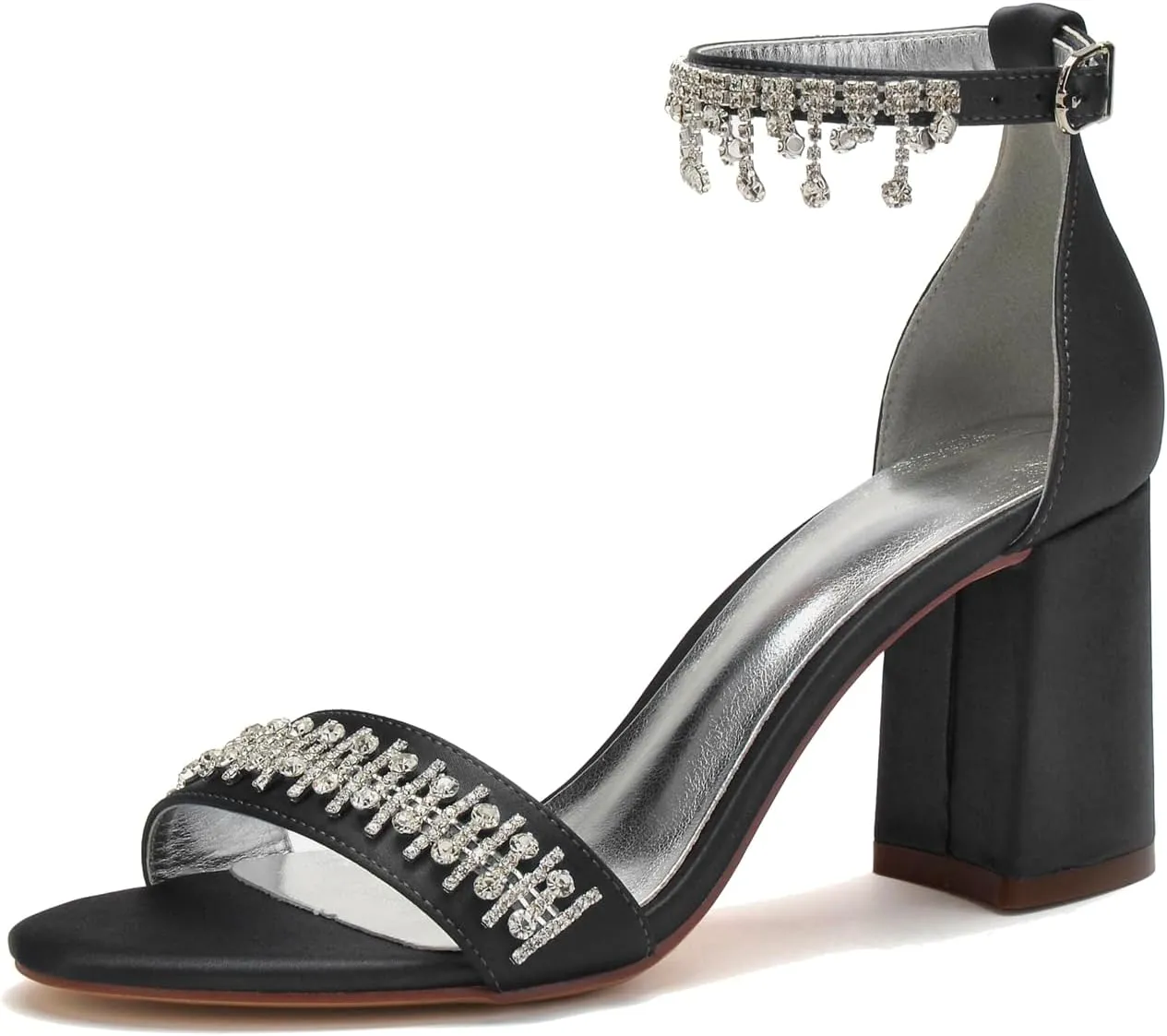 Women's Beaded Crystal Wedding Sandals for Bride Block Heels Satin Bridal Shoes Formal Evening Prom Party Shoes
