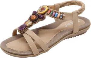 Womens Bohemian Flat Flip Flops Sandals T Strap Beaded Flower Flat Sandals Boho Rhinestone Slingback Beach Shoes
