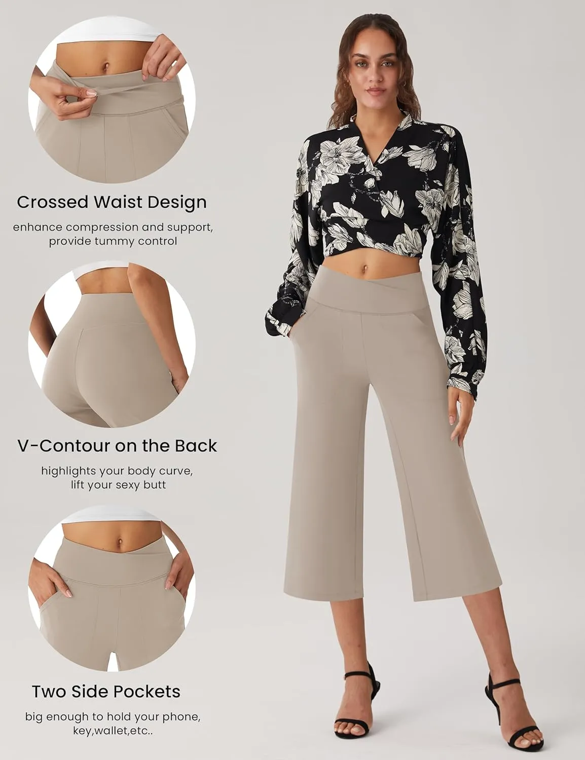 Women's Capri Pants High Waist Yoga Capri with Pockets Crossover Casual Crop Capris Pants