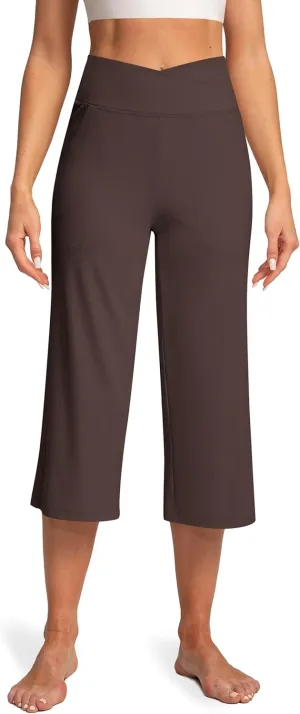 Women's Capri Pants High Waist Yoga Capri with Pockets Crossover Casual Crop Capris Pants