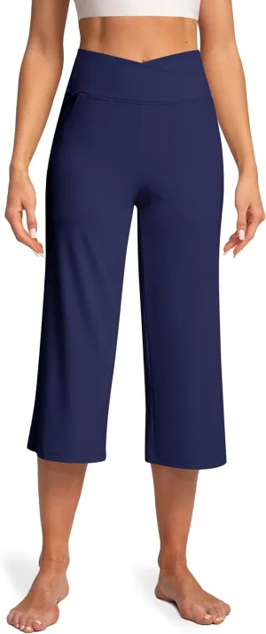 Women's Capri Pants High Waist Yoga Capri with Pockets Crossover Casual Crop Capris Pants