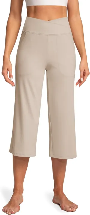 Women's Capri Pants High Waist Yoga Capri with Pockets Crossover Casual Crop Capris Pants